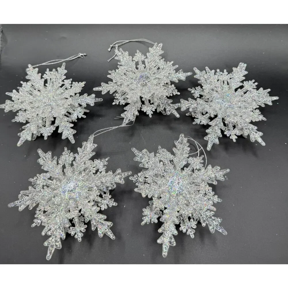 Beautiful Acrylic 3D Iridescent SNOWFLAKE Christmas Ornaments Set Of 5 -LO23